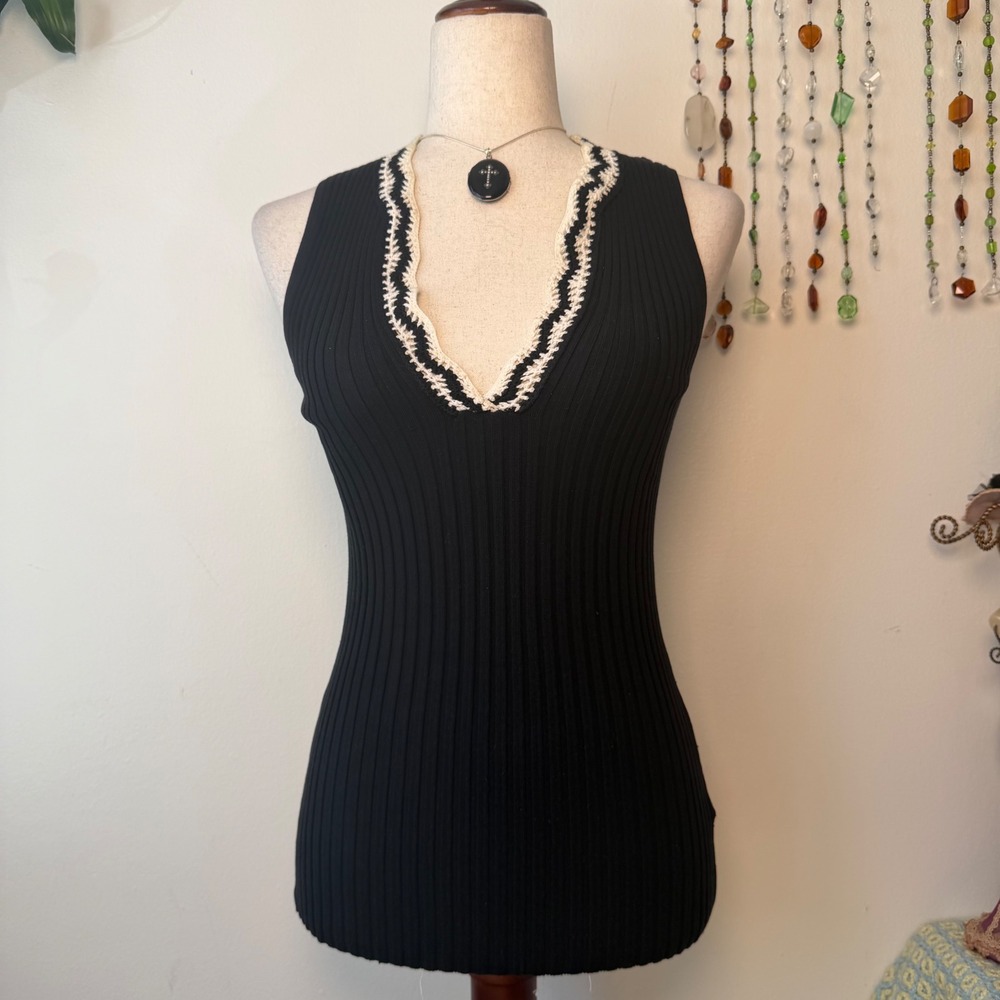 Vintage Cache Y2K Silk Blend Ribbed Knit Crochet Trim Tank Top Black Tuscan Goth